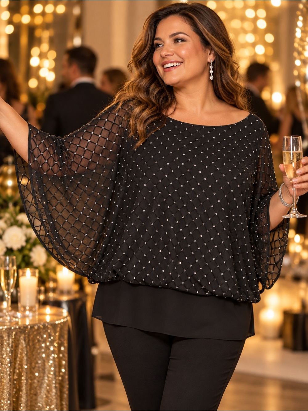 Prelude Black Rhinestone Mesh Bell Sleeve Evening Blouse XL